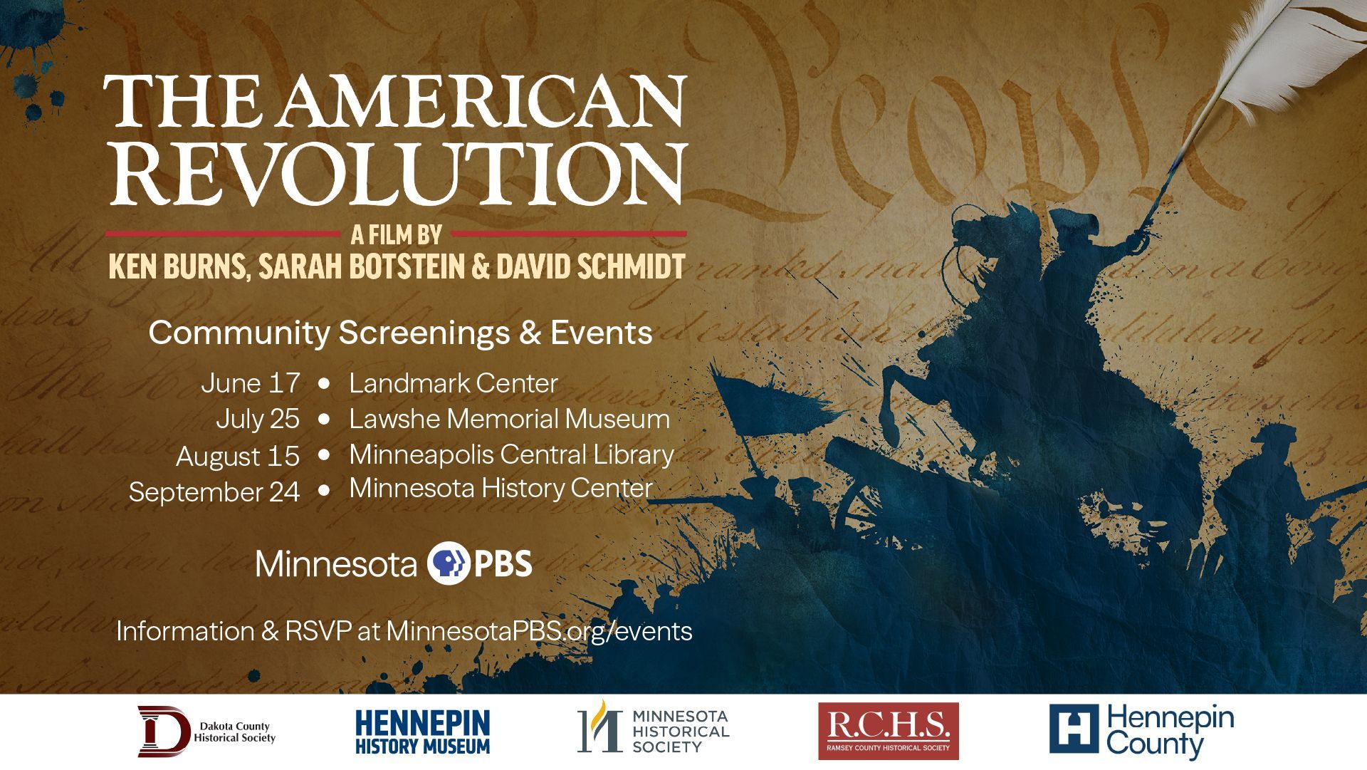 Promotional poster for "The American Revolution," a film by Ken Burns, Sarah Botstein & David Schmidt, listing community screening events on June 17, July 25, August 15, and September 24 at various Minnesota locations. Features a blue silhouette of Revolutionary War soldiers and a feather quill on a parchment background, with logos for Minnesota PBS and historical societies at the bottom.